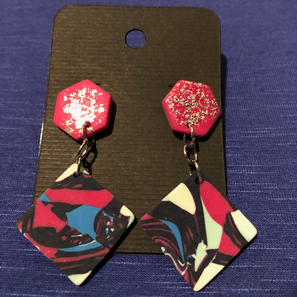 Pink, Blue, And White Marbled Acrylic Dangle Earrings
